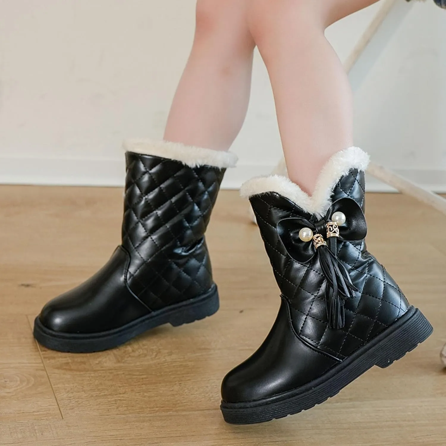 Girls Winter Snow Boots Faux Fur Lined Slip on Ankle Booties Mid Calf Non-Slip Outdoor Walking Shoes Little/Big Kids