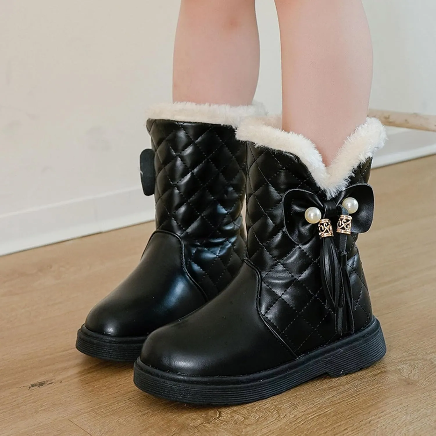 Girls Winter Snow Boots Faux Fur Lined Slip on Ankle Booties Mid Calf Non-Slip Outdoor Walking Shoes Little/Big Kids