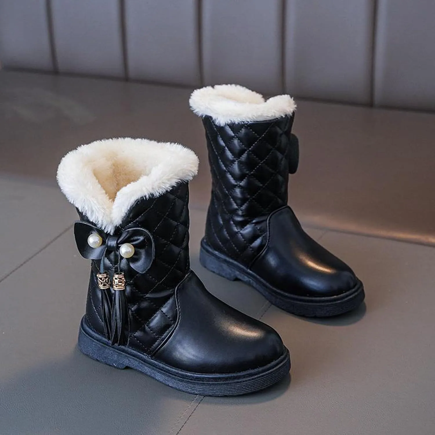 Girls Winter Snow Boots Faux Fur Lined Slip on Ankle Booties Mid Calf Non-Slip Outdoor Walking Shoes Little/Big Kids