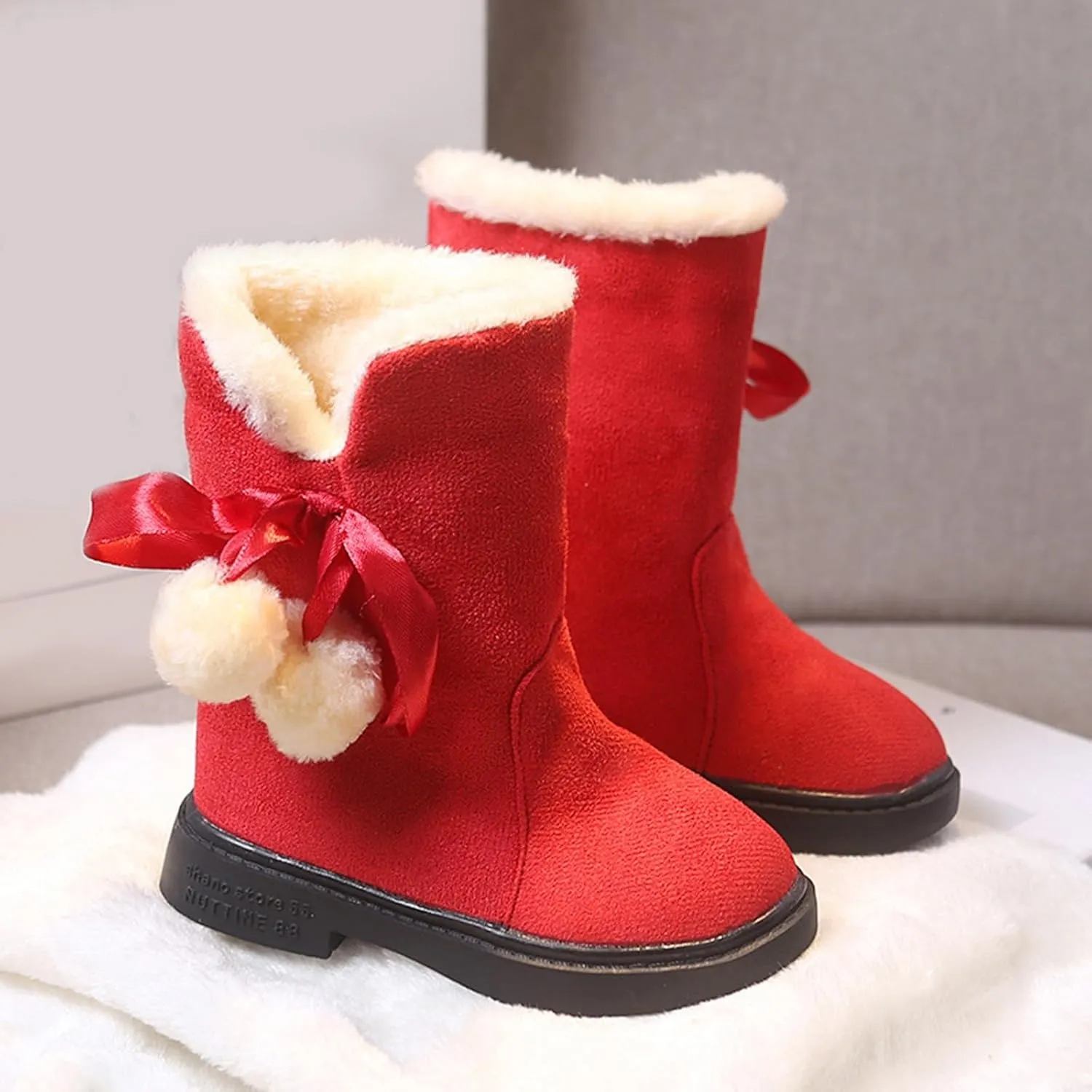 Girls Winter Snow Boots Mid Calf Warm Fur Lined Boot Outdoor Waterproof Slip on Walking Ankle Booties for Little Kid