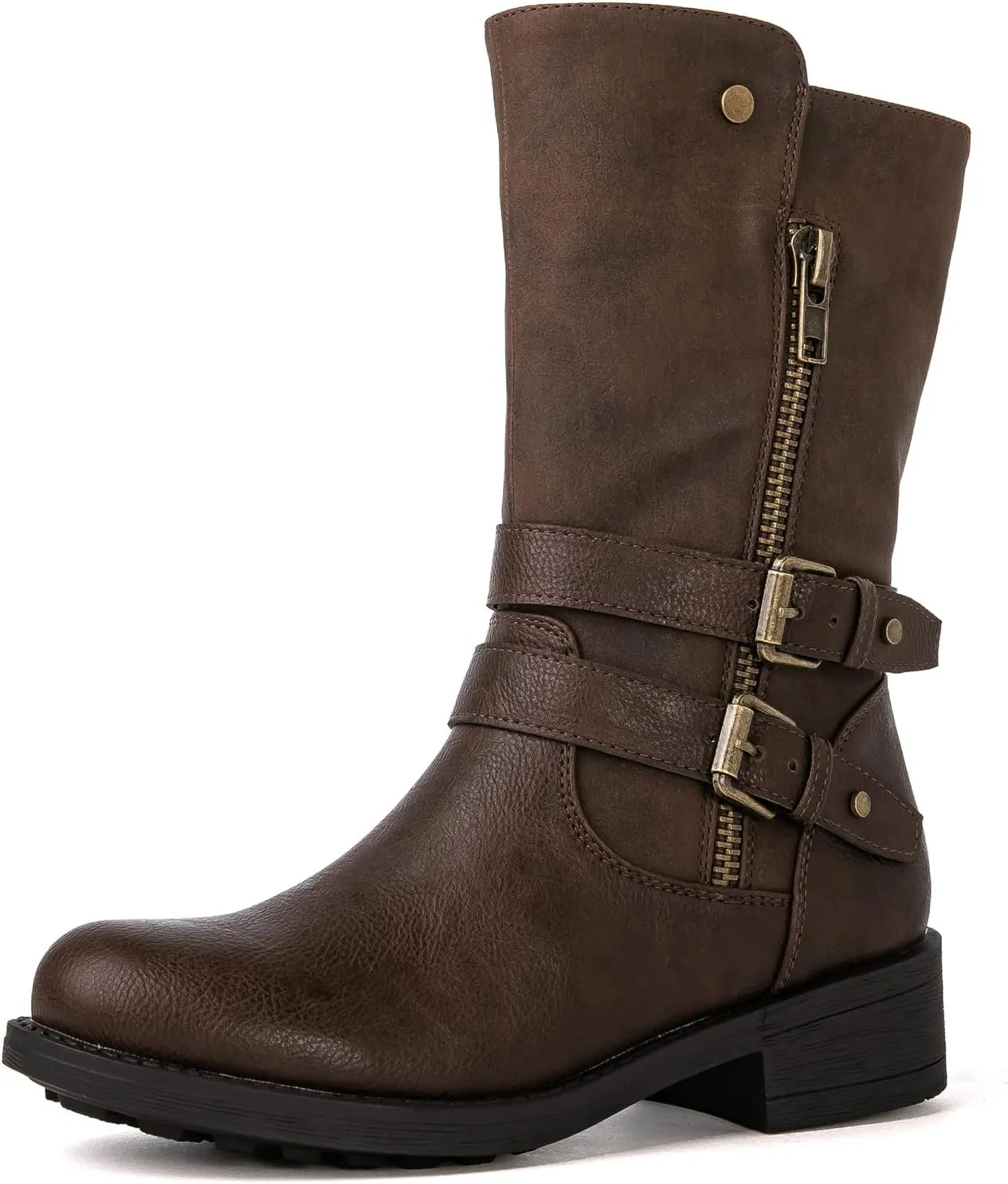 GLOBALWIN Women's Fall Fashion Biker Boots Mid Calf Boots For Women Low Heel
