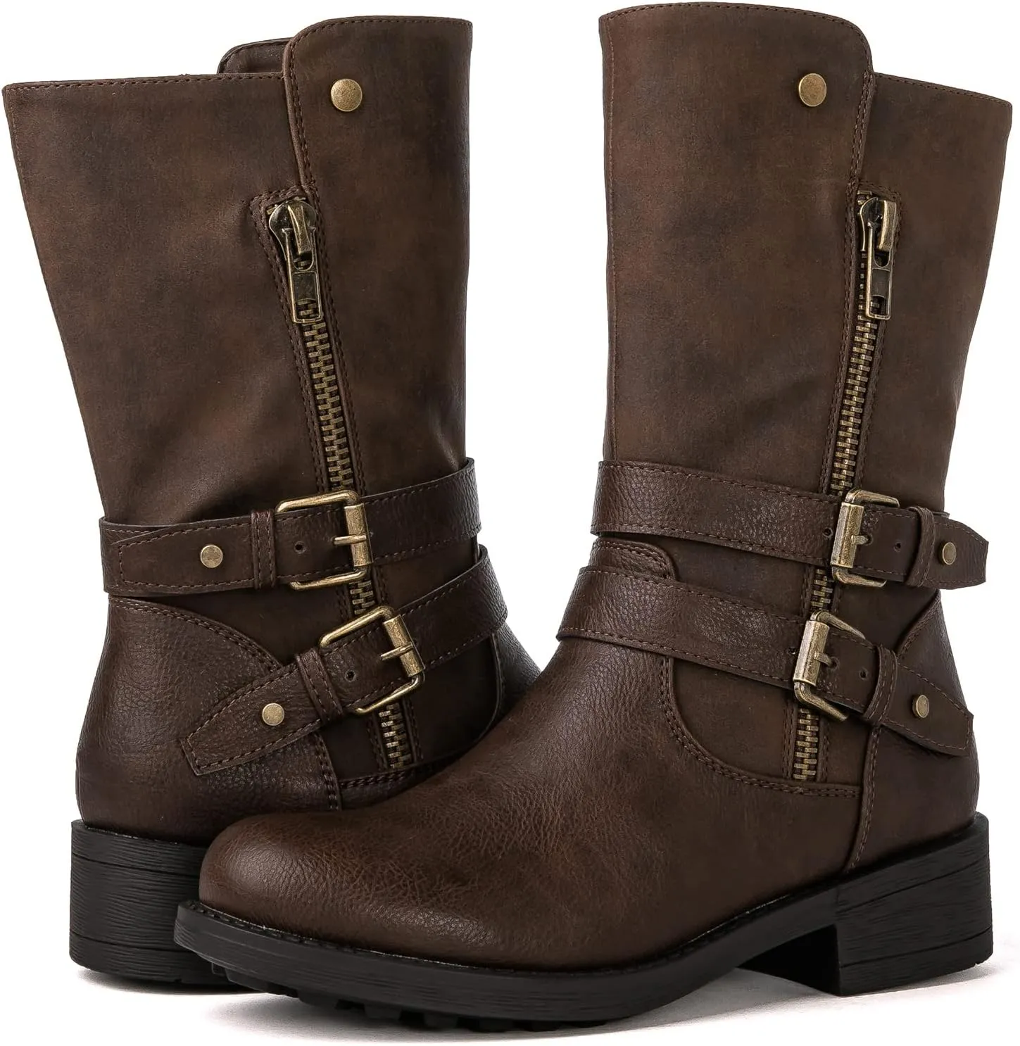 GLOBALWIN Women's Fall Fashion Biker Boots Mid Calf Boots For Women Low Heel
