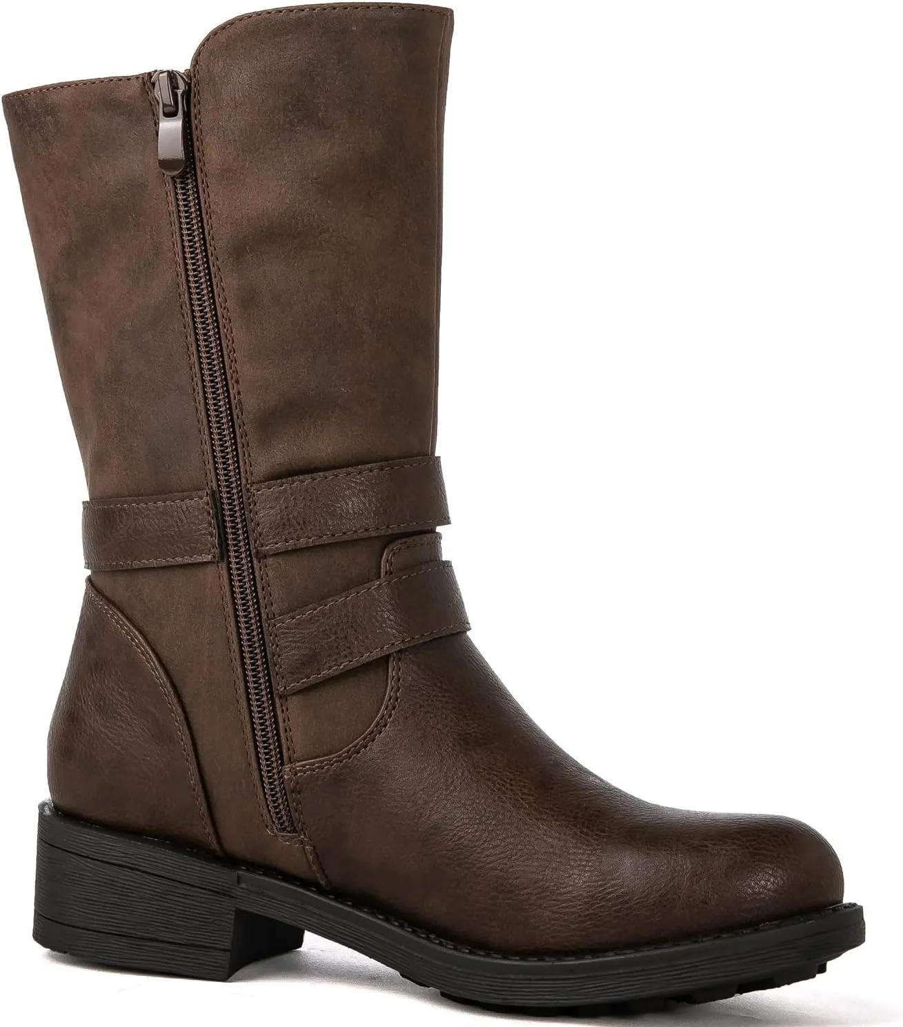 GLOBALWIN Women's Fall Fashion Biker Boots Mid Calf Boots For Women Low Heel