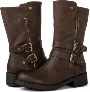 GLOBALWIN Women's Fall Fashion Biker Boots Mid Calf Boots For Women Low Heel