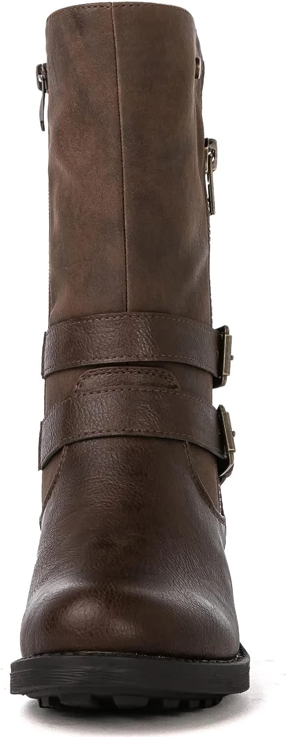 GLOBALWIN Women's Fall Fashion Biker Boots Mid Calf Boots For Women Low Heel
