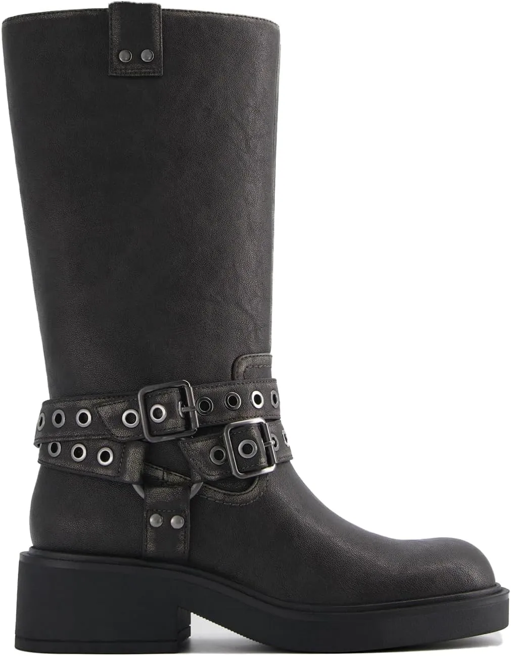 Goolita Buckle Biker Boots Women, Square Toe Chunky Heel Slip On Knee High Boots Vintage Rivet Belt Motorcycle Riding Boots