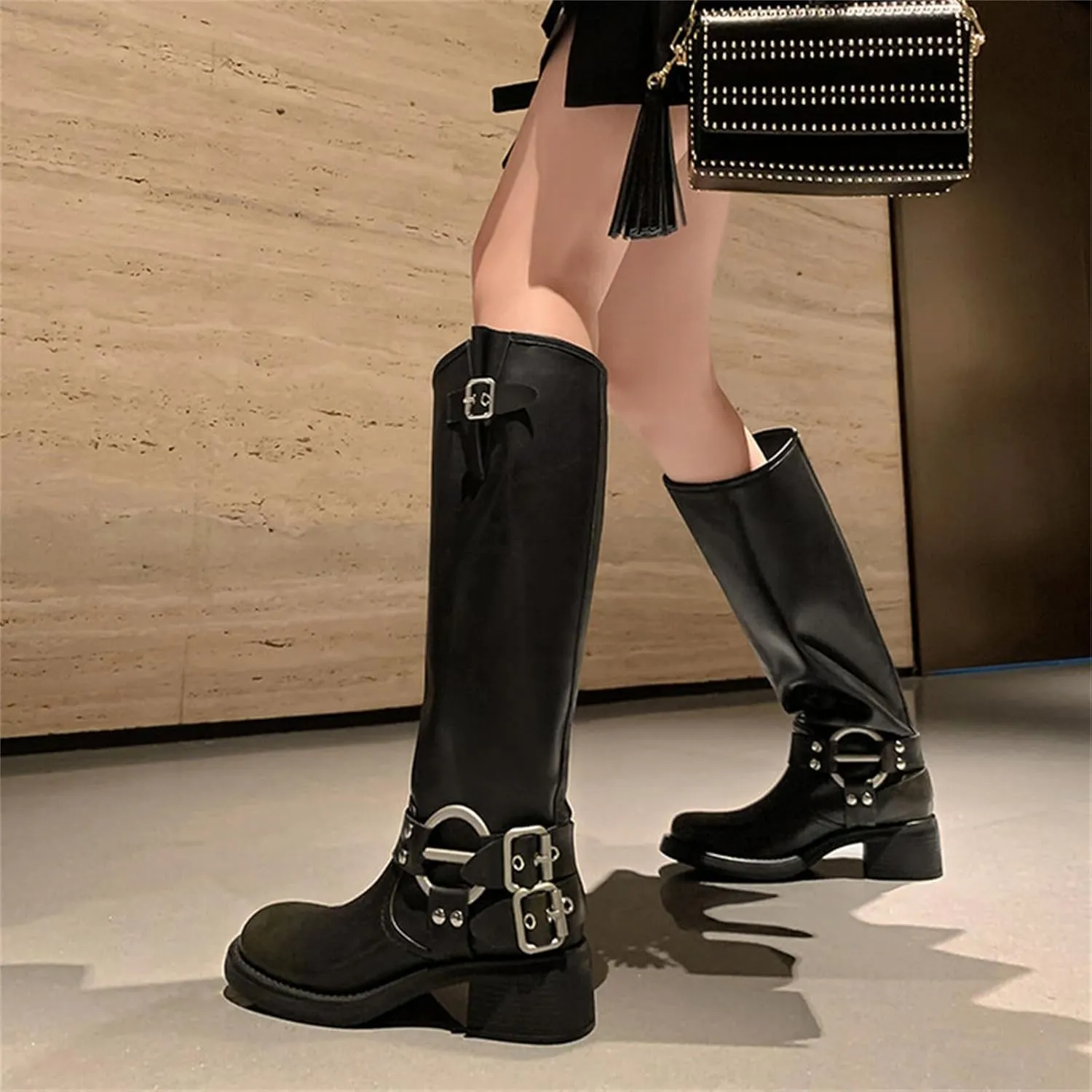 Goolita Buckle Biker Boots Women, Square Toe Chunky Heel Slip On Knee High Boots Vintage Rivet Belt Motorcycle Riding Boots