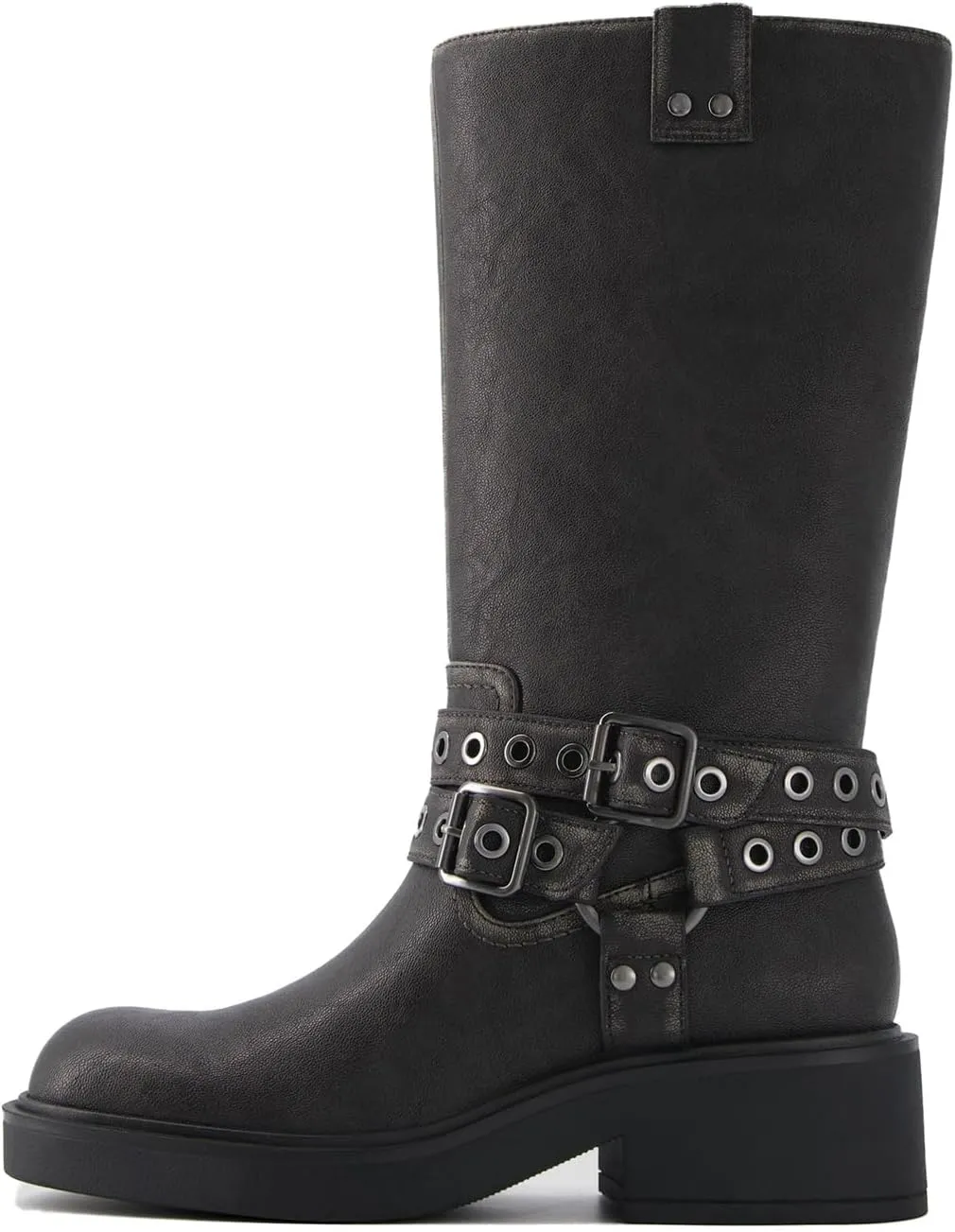 Goolita Buckle Biker Boots Women, Square Toe Chunky Heel Slip On Knee High Boots Vintage Rivet Belt Motorcycle Riding Boots