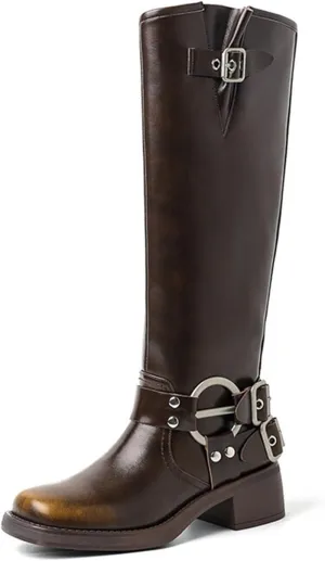 Goolita Buckle Biker Boots Women, Square Toe Chunky Heel Slip On Knee High Boots Vintage Rivet Belt Motorcycle Riding Boots