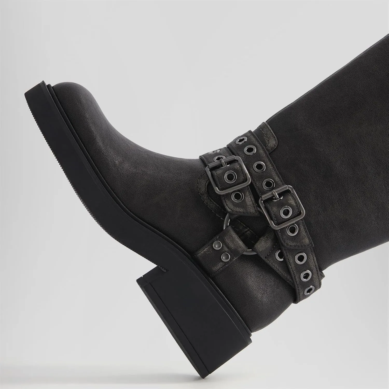 Goolita Buckle Biker Boots Women, Square Toe Chunky Heel Slip On Knee High Boots Vintage Rivet Belt Motorcycle Riding Boots