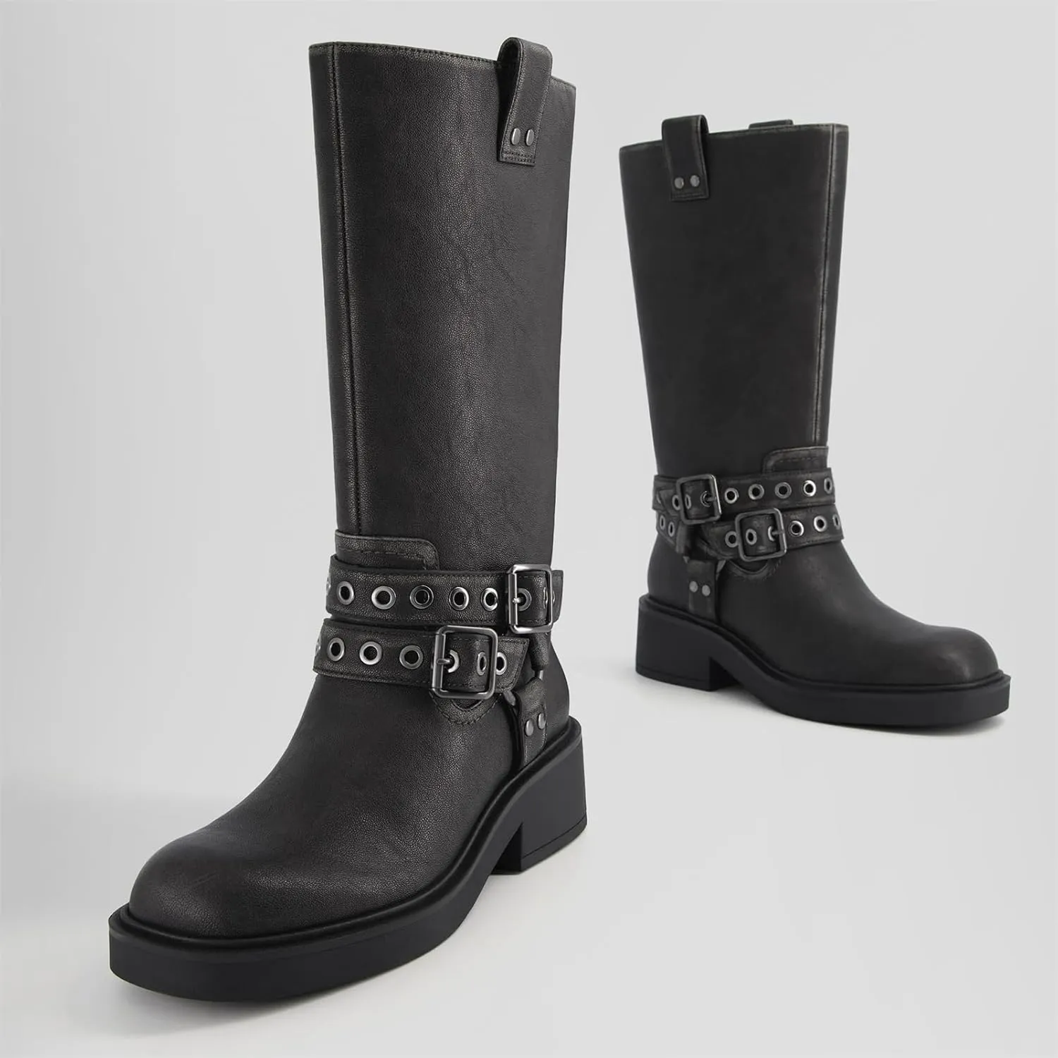 Goolita Buckle Biker Boots Women, Square Toe Chunky Heel Slip On Knee High Boots Vintage Rivet Belt Motorcycle Riding Boots