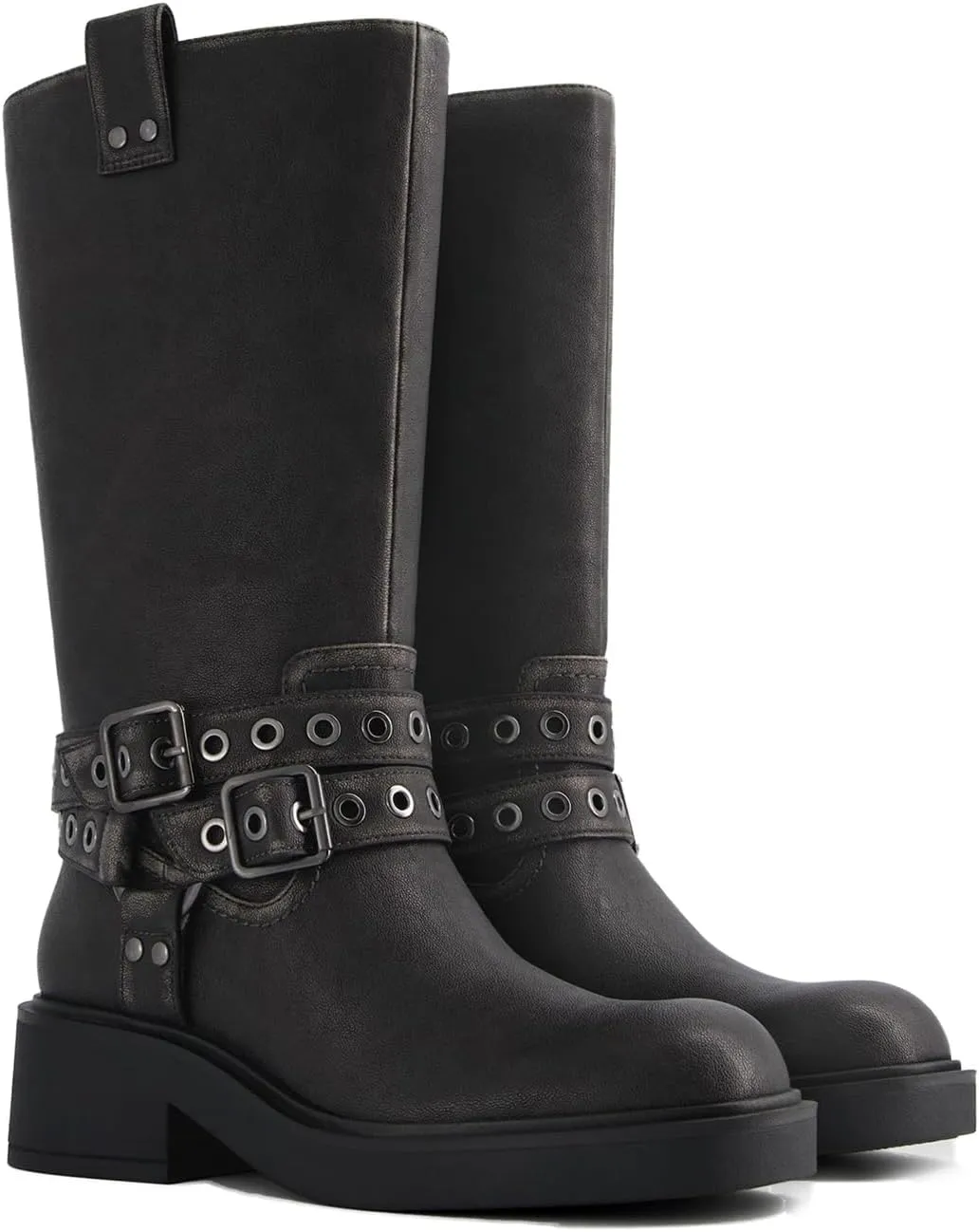 Goolita Buckle Biker Boots Women, Square Toe Chunky Heel Slip On Knee High Boots Vintage Rivet Belt Motorcycle Riding Boots