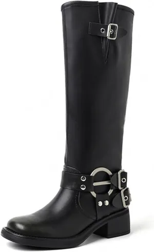 Goolita Buckle Biker Boots Women, Square Toe Chunky Heel Slip On Knee High Boots Vintage Rivet Belt Motorcycle Riding Boots