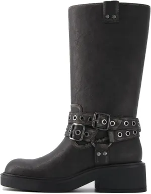 Goolita Buckle Biker Boots Women, Square Toe Chunky Heel Slip On Knee High Boots Vintage Rivet Belt Motorcycle Riding Boots