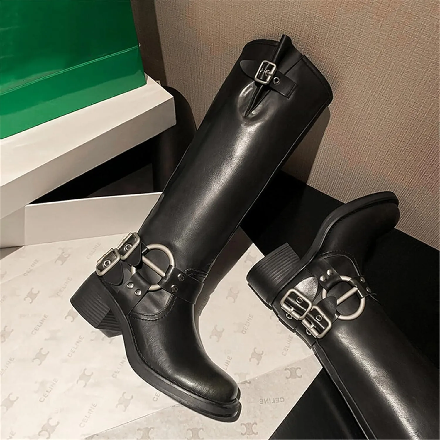 Goolita Buckle Biker Boots Women, Square Toe Chunky Heel Slip On Knee High Boots Vintage Rivet Belt Motorcycle Riding Boots