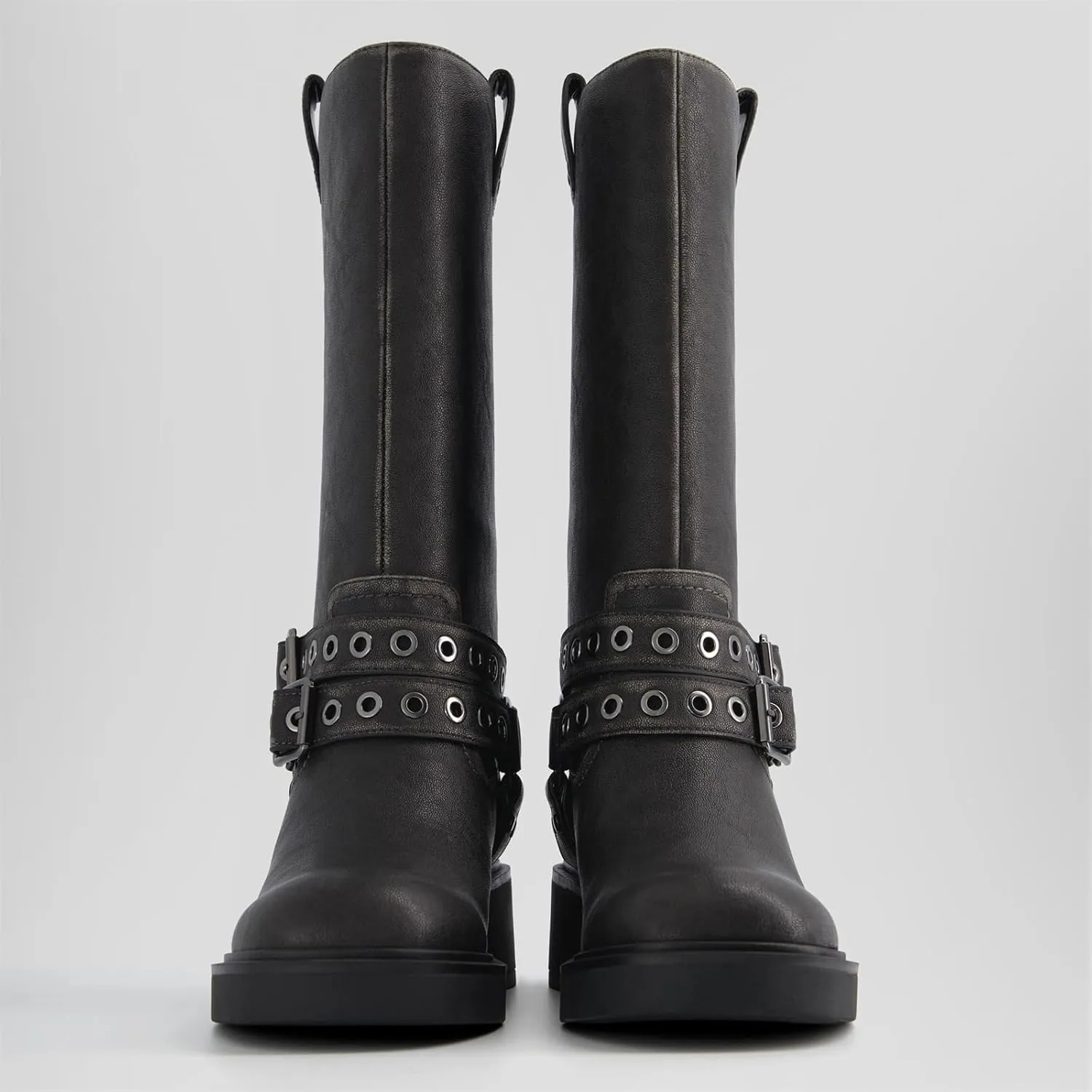 Goolita Buckle Biker Boots Women, Square Toe Chunky Heel Slip On Knee High Boots Vintage Rivet Belt Motorcycle Riding Boots