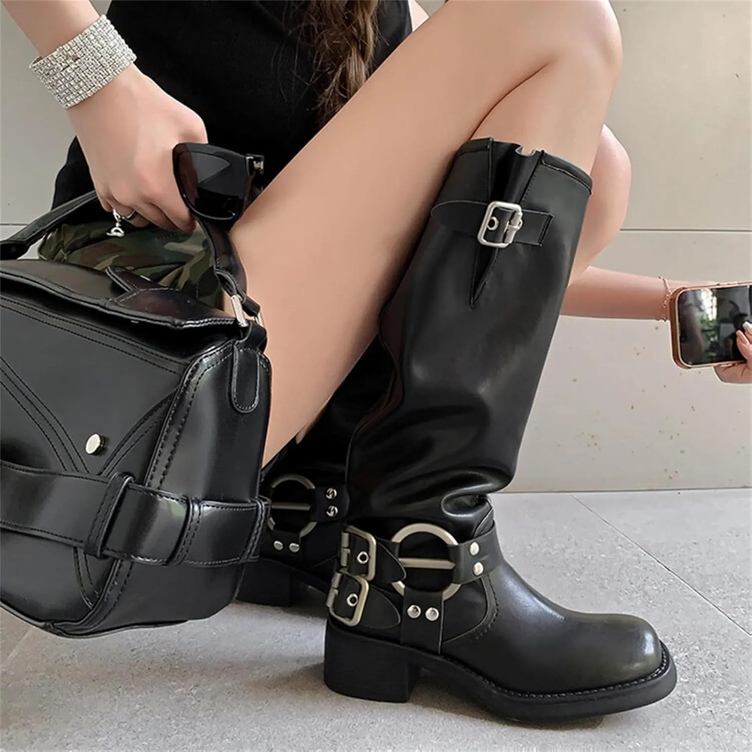 Goolita Buckle Biker Boots Women, Square Toe Chunky Heel Slip On Knee High Boots Vintage Rivet Belt Motorcycle Riding Boots