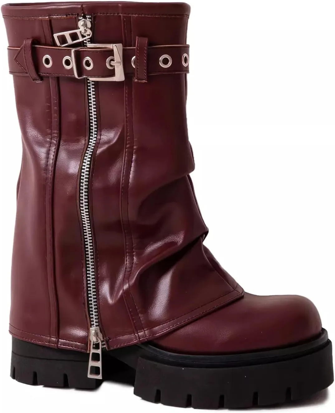 Goolita Fold Over Boots For Women, Square Toe Chunky Heels Mid Calf Moto Boots Platform Side Zipper Buckle Biker Boots