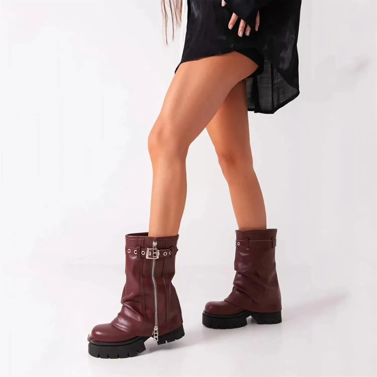 Goolita Fold Over Boots For Women, Square Toe Chunky Heels Mid Calf Moto Boots Platform Side Zipper Buckle Biker Boots