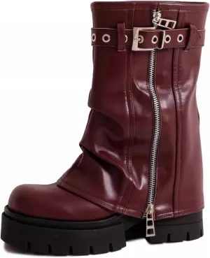 Goolita Fold Over Boots For Women, Square Toe Chunky Heels Mid Calf Moto Boots Platform Side Zipper Buckle Biker Boots