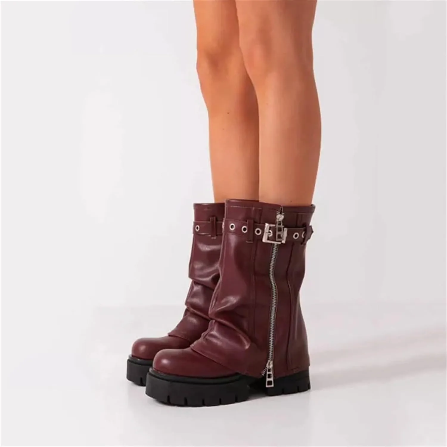 Goolita Fold Over Boots For Women, Square Toe Chunky Heels Mid Calf Moto Boots Platform Side Zipper Buckle Biker Boots