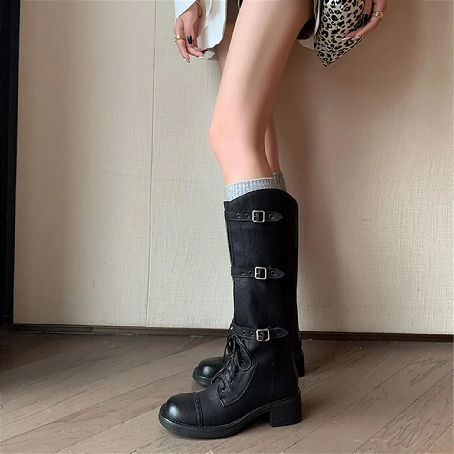Goolita Metal Eyelets Buckle Strap Biker Boots Women, Square Toe Chunky Heel Lace Up Knee High Boots Wide Calf Motorcycle Riding Boots