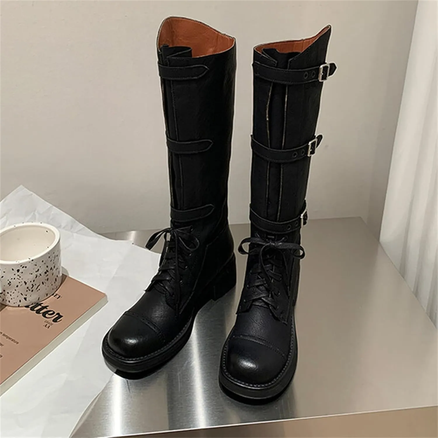 Goolita Metal Eyelets Buckle Strap Biker Boots Women, Square Toe Chunky Heel Lace Up Knee High Boots Wide Calf Motorcycle Riding Boots
