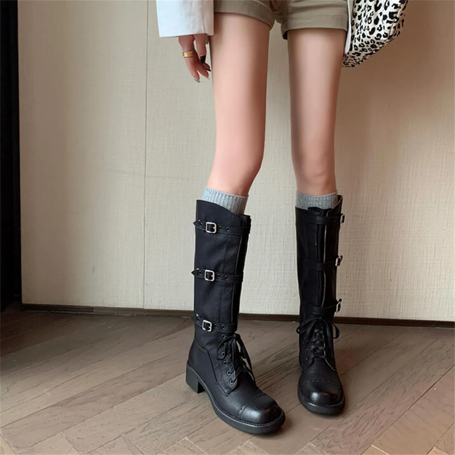 Goolita Metal Eyelets Buckle Strap Biker Boots Women, Square Toe Chunky Heel Lace Up Knee High Boots Wide Calf Motorcycle Riding Boots
