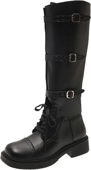 Goolita Metal Eyelets Buckle Strap Biker Boots Women, Square Toe Chunky Heel Lace Up Knee High Boots Wide Calf Motorcycle Riding Boots