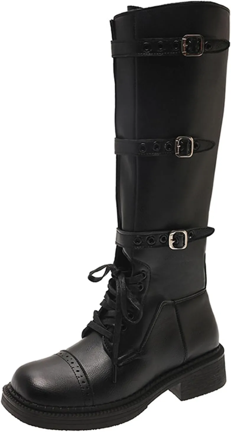 Goolita Metal Eyelets Buckle Strap Biker Boots Women, Square Toe Chunky Heel Lace Up Knee High Boots Wide Calf Motorcycle Riding Boots