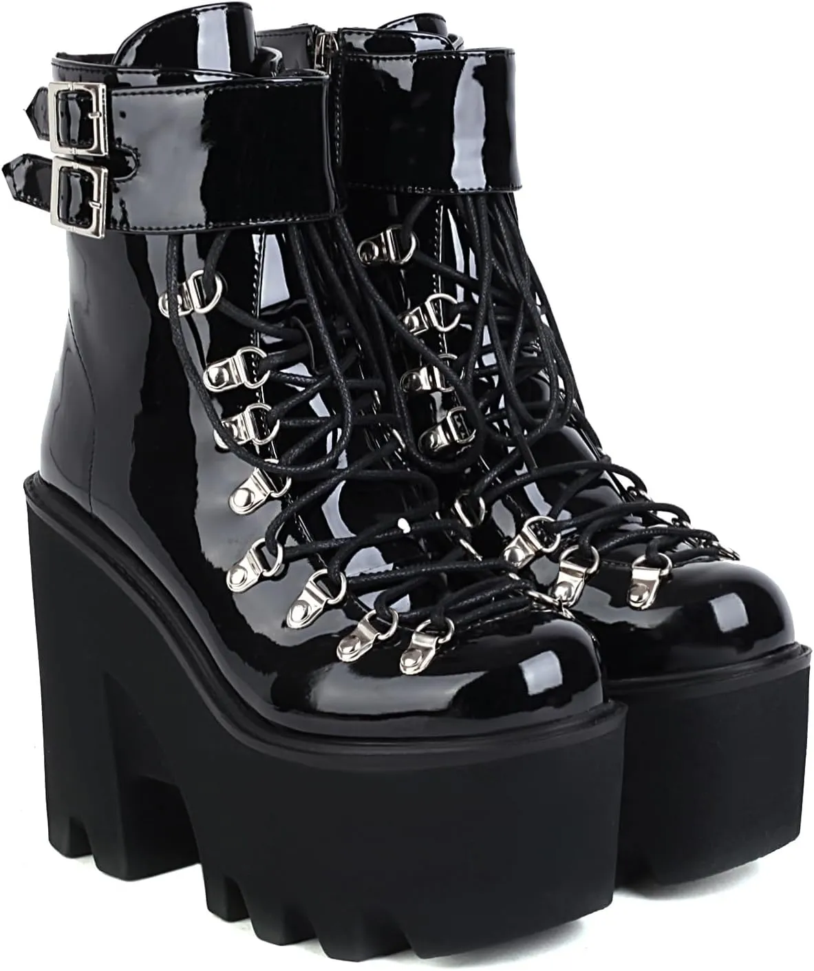 Goth Platform Ankle Boots Chunky High Heel Booties Buckle Punk Combat Boots Lace Up Round Toe Side Zipper Motorcycle Rave Prom Walking Dress Wedding Shoes