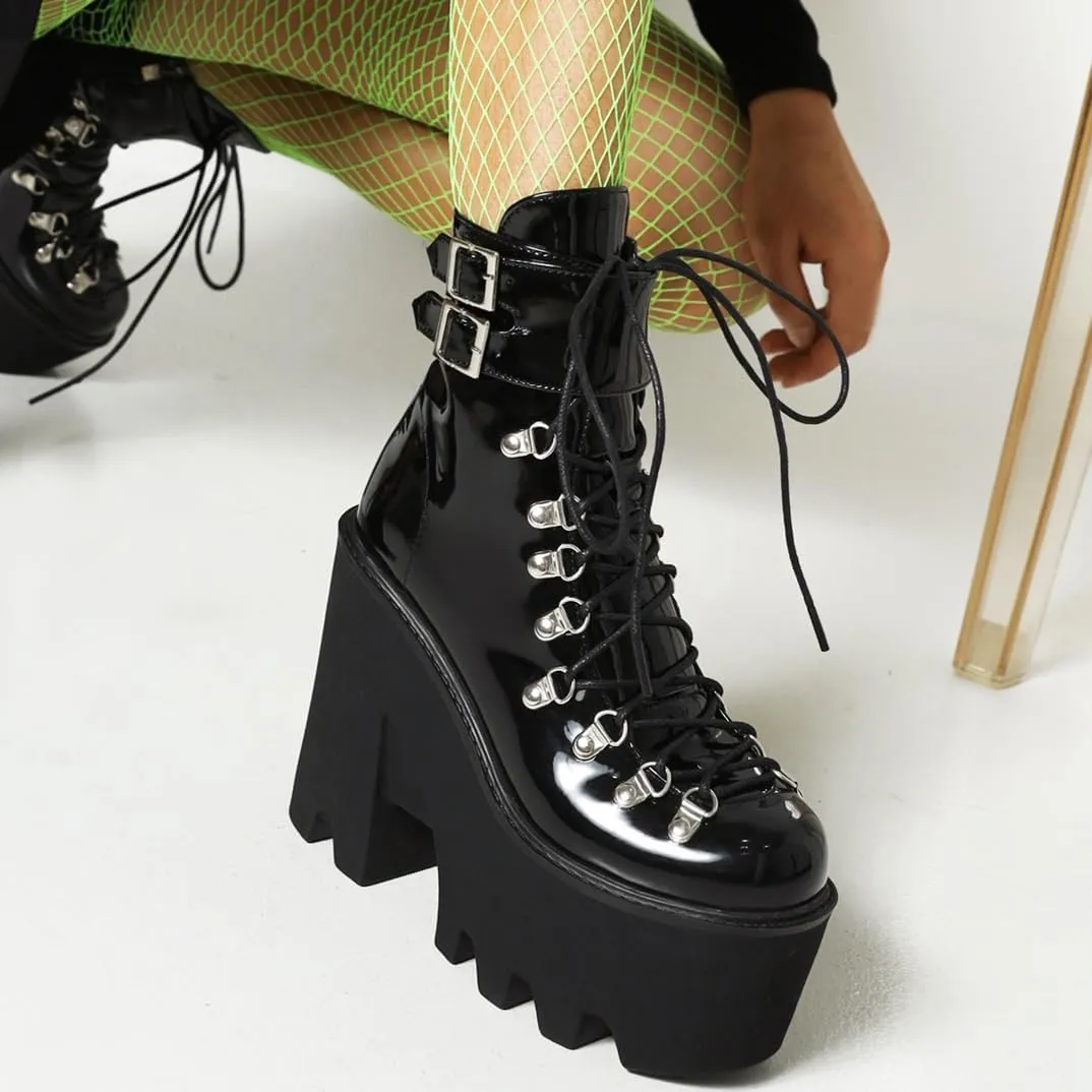 Goth Platform Ankle Boots Chunky High Heel Booties Buckle Punk Combat Boots Lace Up Round Toe Side Zipper Motorcycle Rave Prom Walking Dress Wedding Shoes