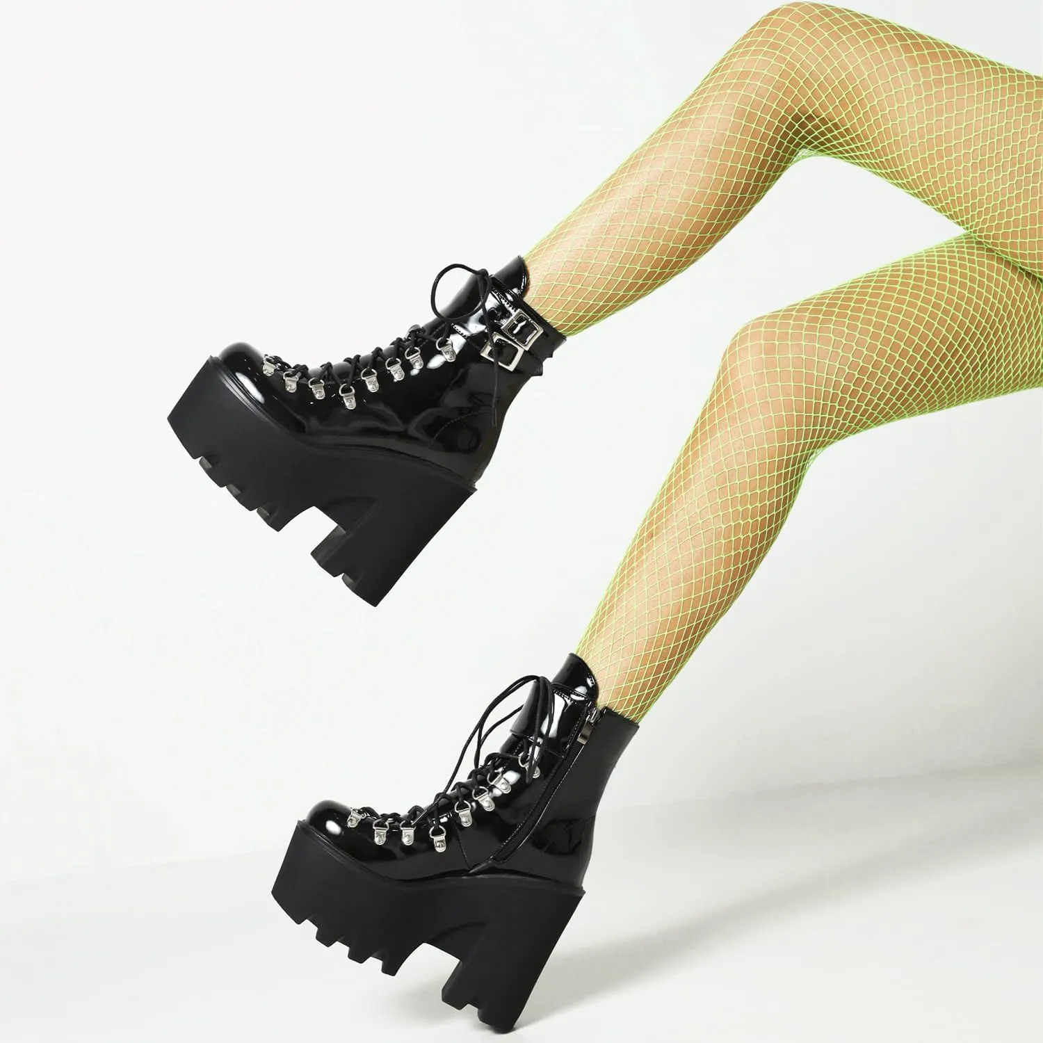Goth Platform Ankle Boots Chunky High Heel Booties Buckle Punk Combat Boots Lace Up Round Toe Side Zipper Motorcycle Rave Prom Walking Dress Wedding Shoes