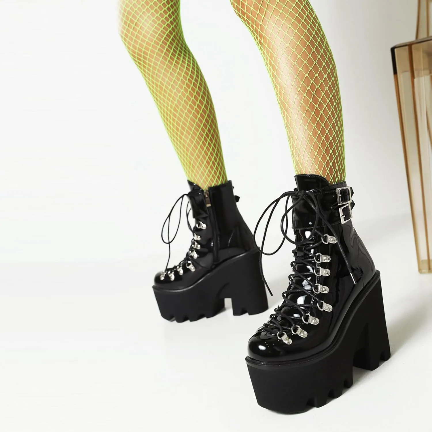 Goth Platform Ankle Boots Chunky High Heel Booties Buckle Punk Combat Boots Lace Up Round Toe Side Zipper Motorcycle Rave Prom Walking Dress Wedding Shoes