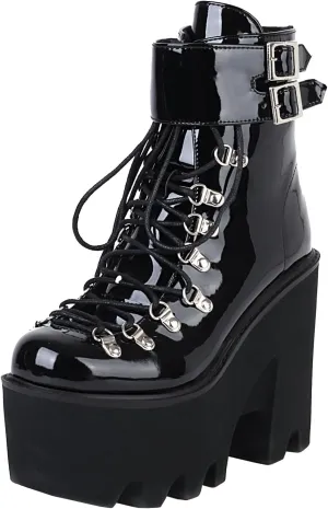 Goth Platform Ankle Boots Chunky High Heel Booties Buckle Punk Combat Boots Lace Up Round Toe Side Zipper Motorcycle Rave Prom Walking Dress Wedding Shoes