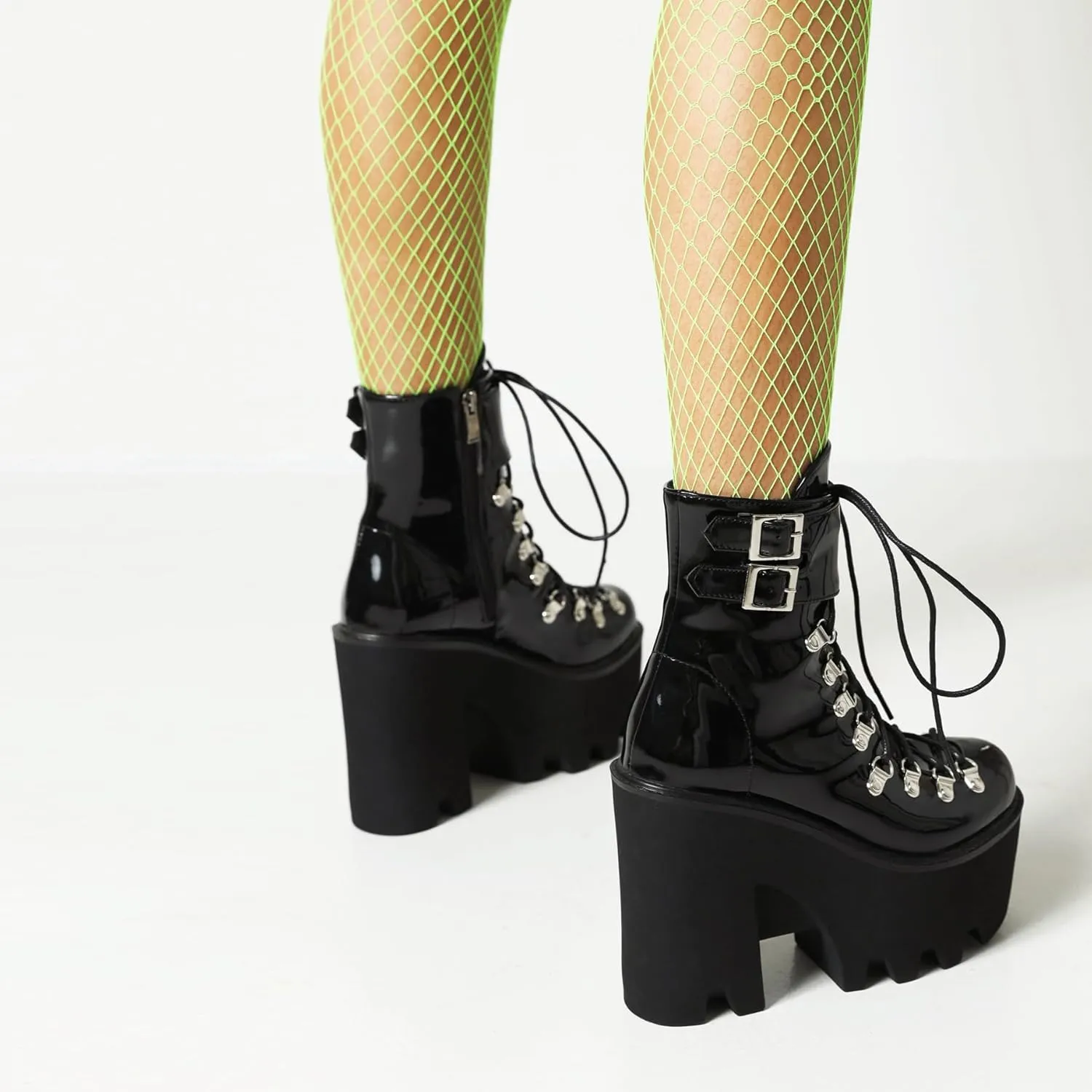 Goth Platform Ankle Boots Chunky High Heel Booties Buckle Punk Combat Boots Lace Up Round Toe Side Zipper Motorcycle Rave Prom Walking Dress Wedding Shoes