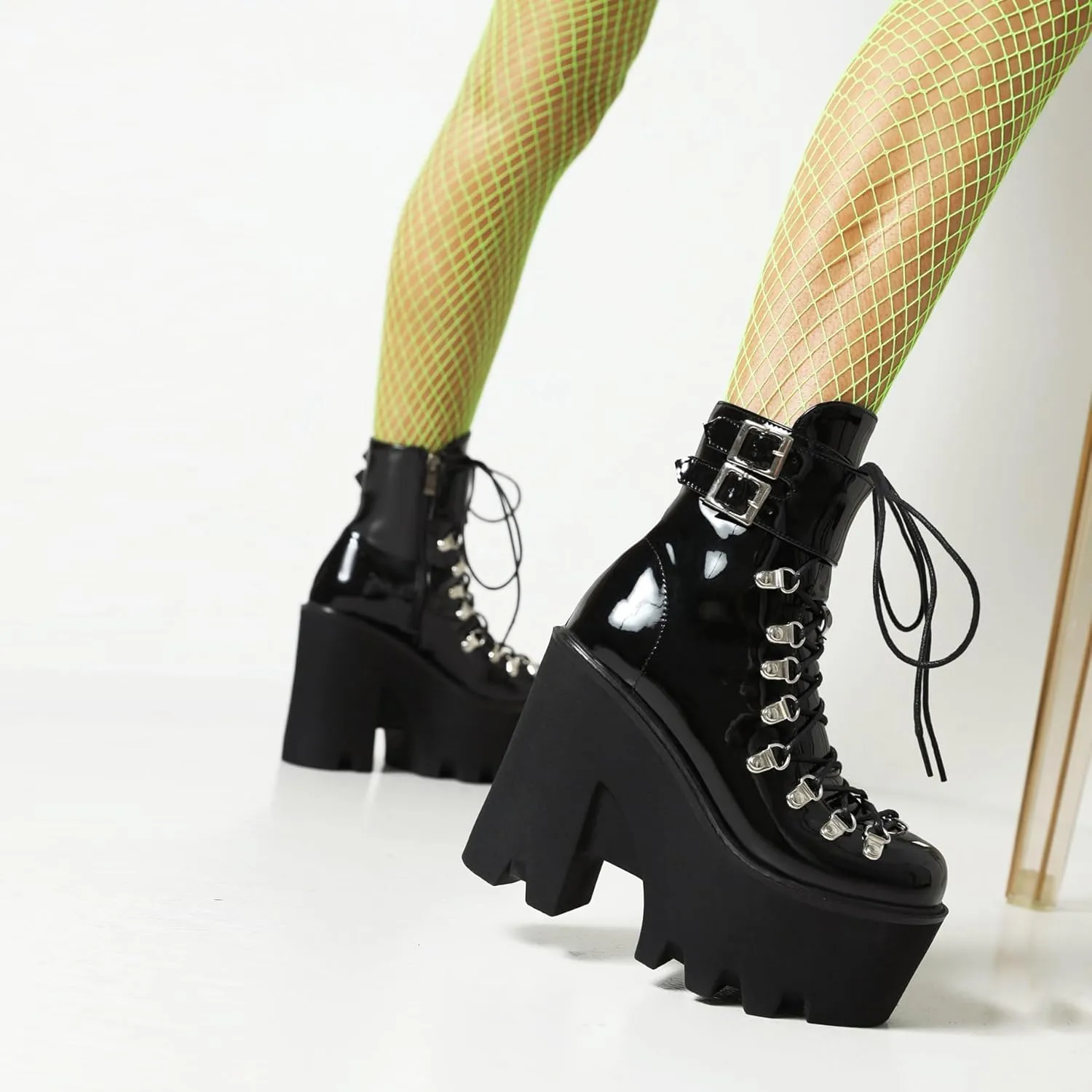 Goth Platform Ankle Boots Chunky High Heel Booties Buckle Punk Combat Boots Lace Up Round Toe Side Zipper Motorcycle Rave Prom Walking Dress Wedding Shoes