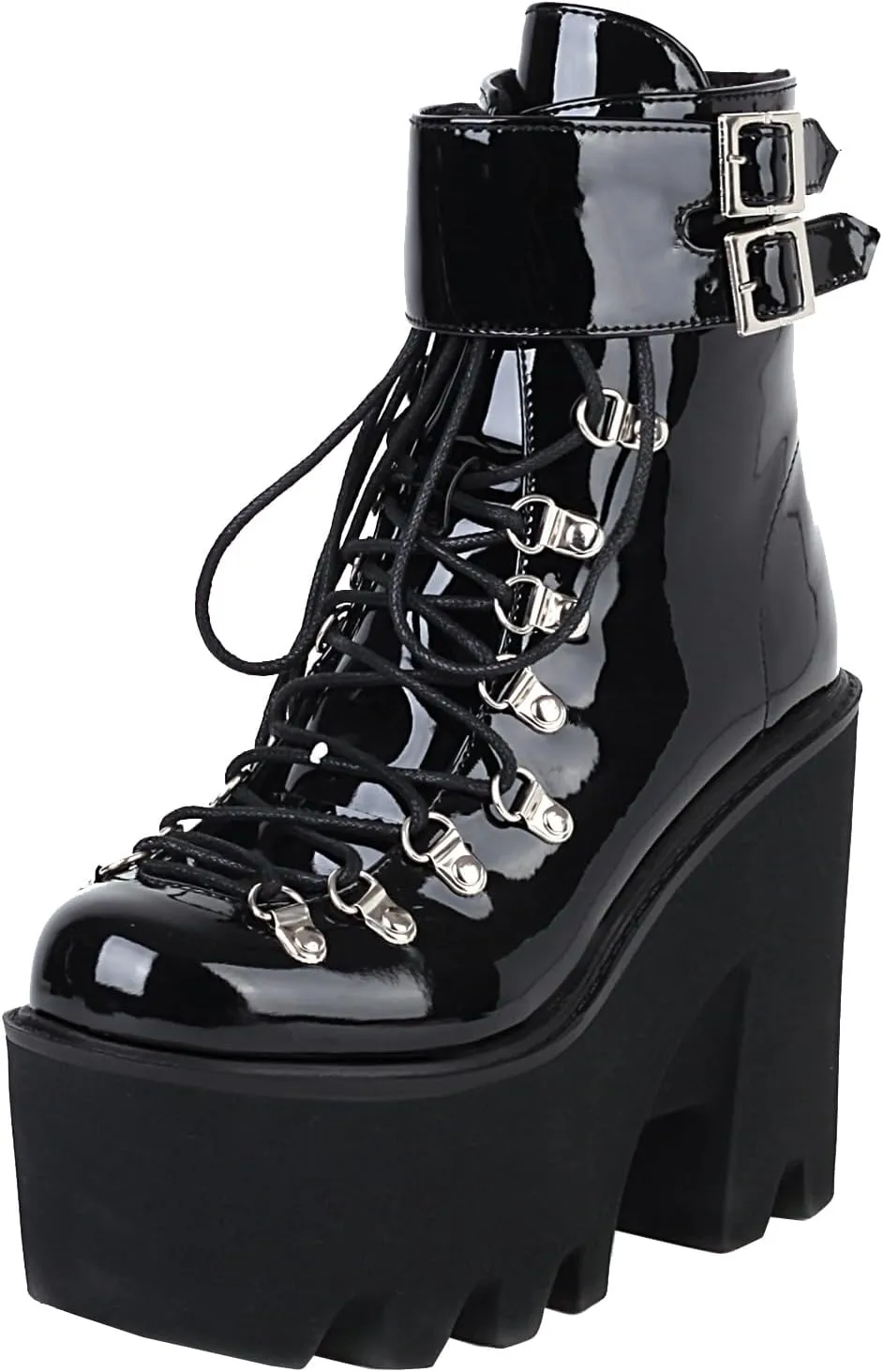 Goth Platform Ankle Boots Chunky High Heel Booties Buckle Punk Combat Boots Lace Up Round Toe Side Zipper Motorcycle Rave Prom Walking Dress Wedding Shoes