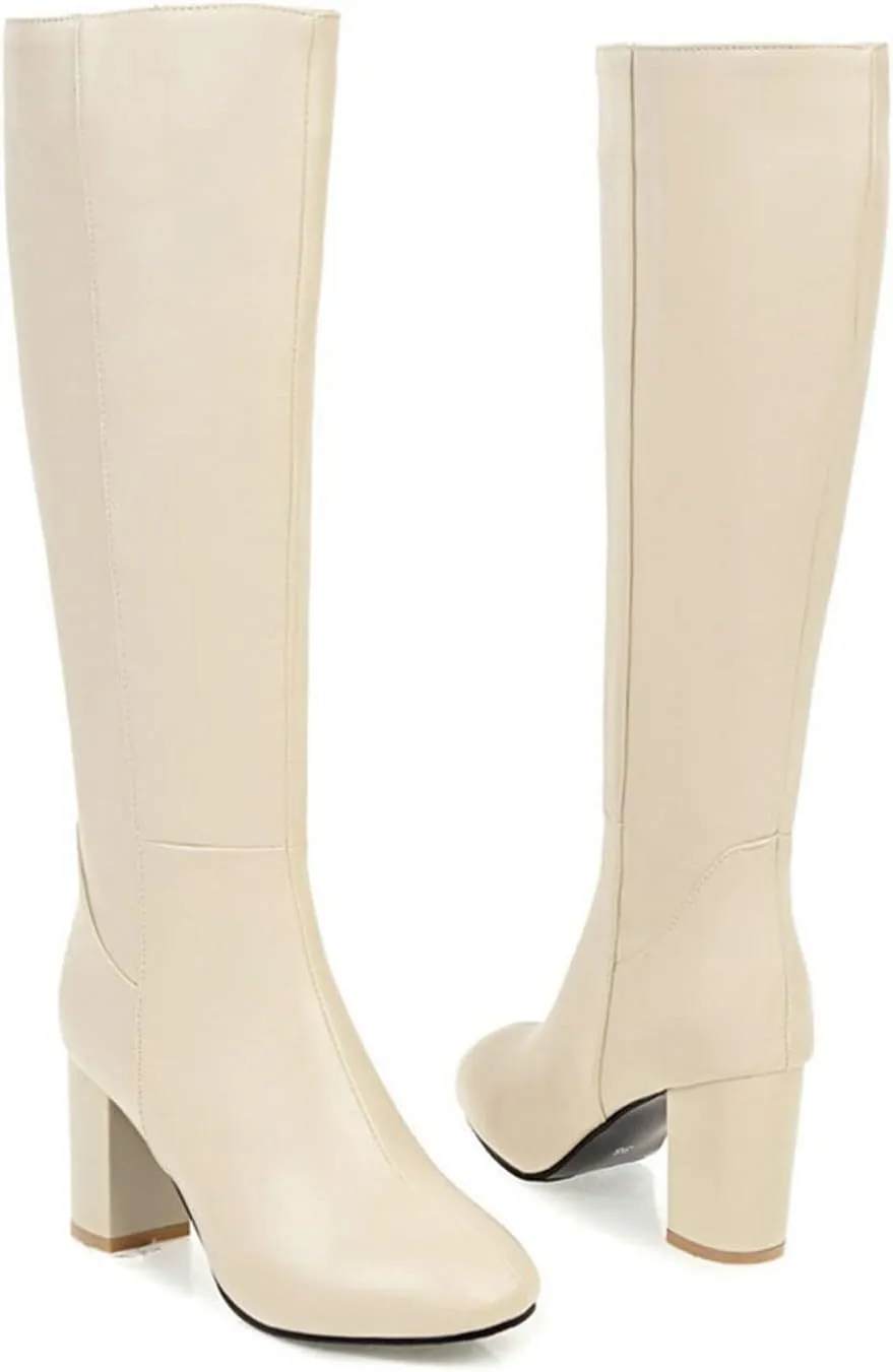 hlysgo Women's Vintage Fashion Long Boots Waterproof Full Zipper High Heeled Knee High Leather Boots