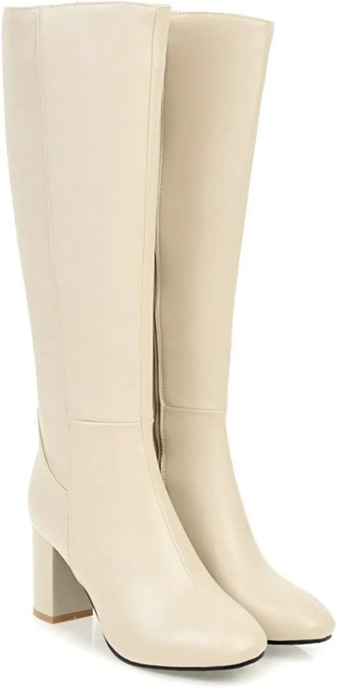 hlysgo Women's Vintage Fashion Long Boots Waterproof Full Zipper High Heeled Knee High Leather Boots
