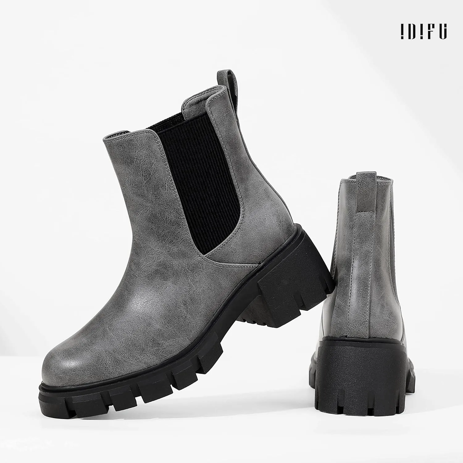 IDIFU IN2 Chelsea Boots Women Ankle Boots for Women Platform Low Heel Short Chunky Lug Sole Block Round Toe Boots Fall Dress Comfortable Fashion Booties for Women Elastic Heeled Boots