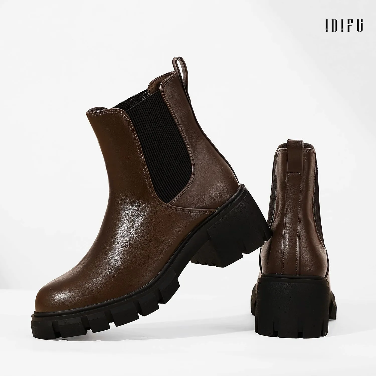 IDIFU IN2 Chelsea Boots Women Ankle Boots for Women Platform Low Heel Short Chunky Lug Sole Block Round Toe Boots Fall Dress Comfortable Fashion Booties for Women Elastic Heeled Boots