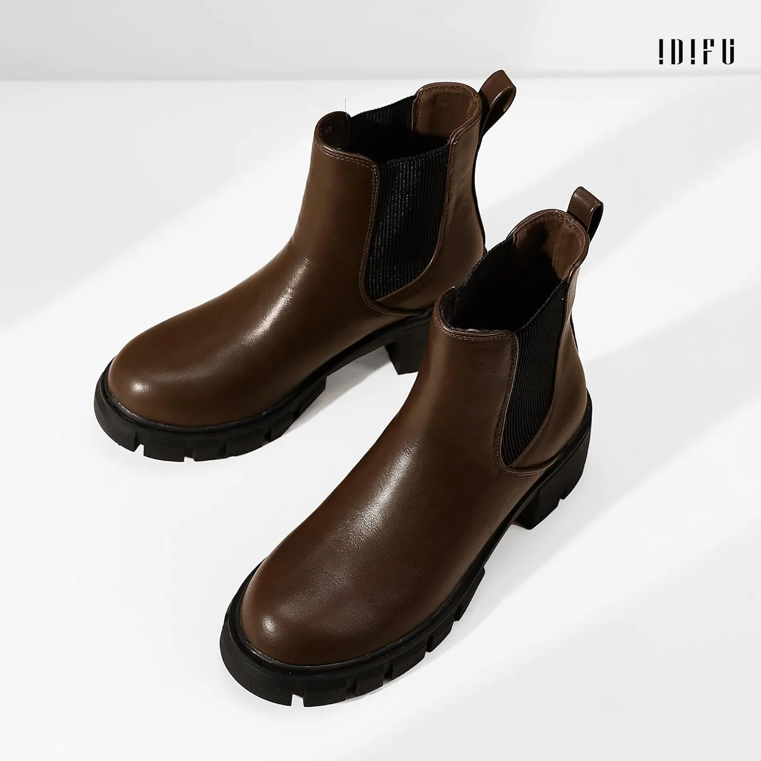 IDIFU IN2 Chelsea Boots Women Ankle Boots for Women Platform Low Heel Short Chunky Lug Sole Block Round Toe Boots Fall Dress Comfortable Fashion Booties for Women Elastic Heeled Boots
