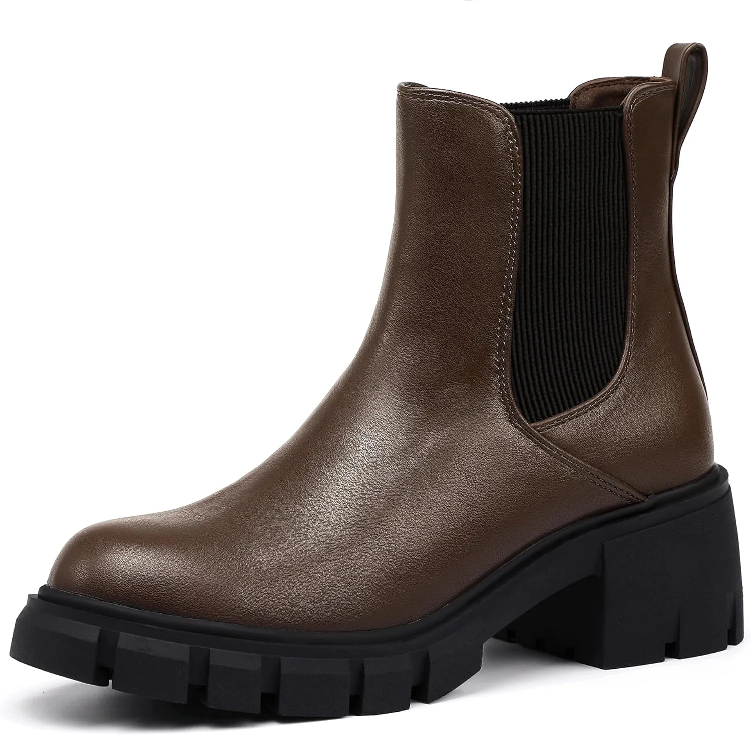 IDIFU IN2 Chelsea Boots Women Ankle Boots for Women Platform Low Heel Short Chunky Lug Sole Block Round Toe Boots Fall Dress Comfortable Fashion Booties for Women Elastic Heeled Boots