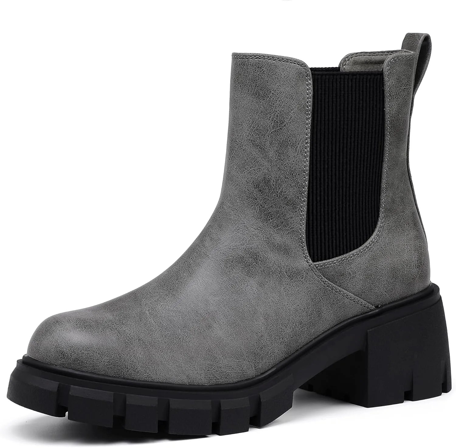 IDIFU IN2 Chelsea Boots Women Ankle Boots for Women Platform Low Heel Short Chunky Lug Sole Block Round Toe Boots Fall Dress Comfortable Fashion Booties for Women Elastic Heeled Boots