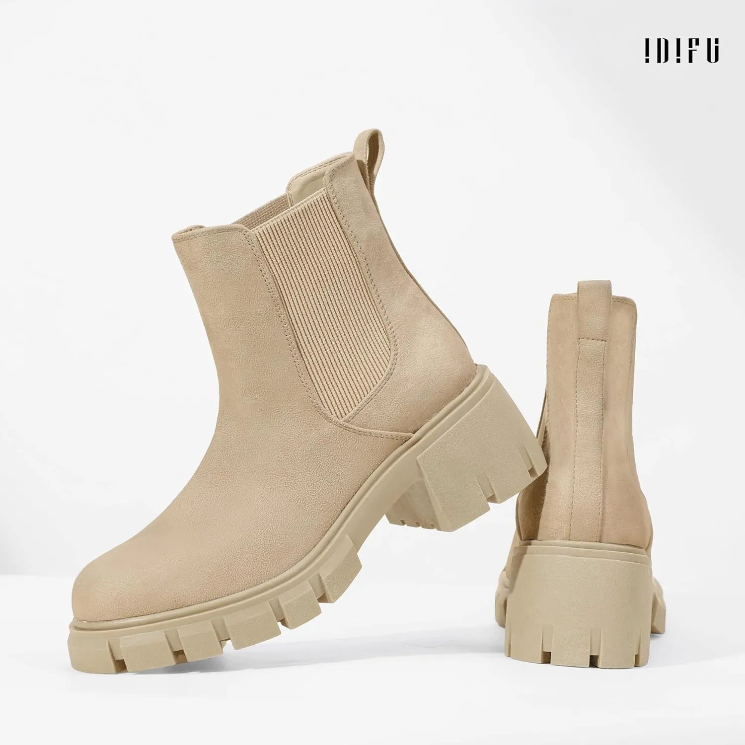 IDIFU IN2 Chelsea Boots Women Ankle Boots for Women Platform Low Heel Short Chunky Lug Sole Block Round Toe Boots Fall Dress Comfortable Fashion Booties for Women Elastic Heeled Boots