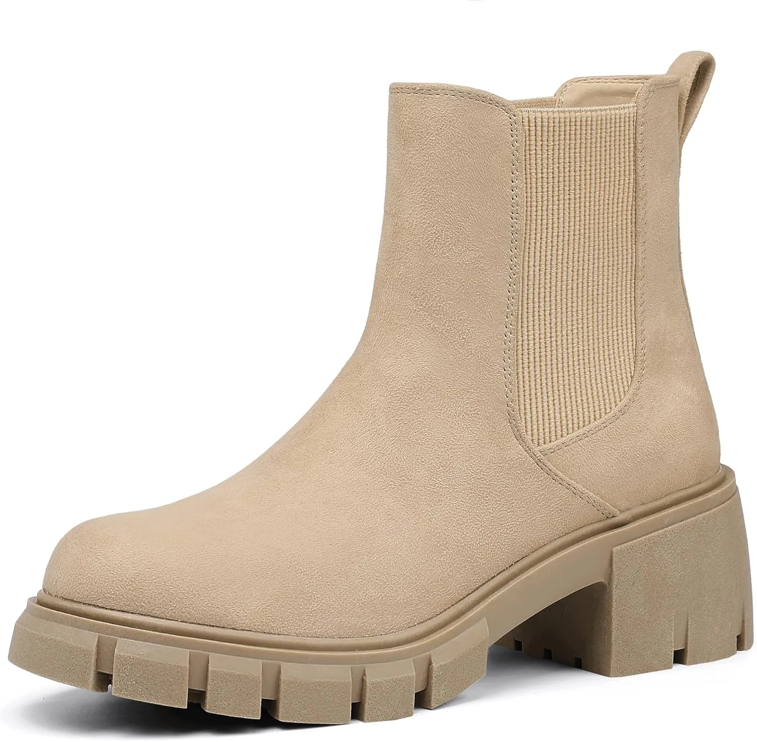 IDIFU IN2 Chelsea Boots Women Ankle Boots for Women Platform Low Heel Short Chunky Lug Sole Block Round Toe Boots Fall Dress Comfortable Fashion Booties for Women Elastic Heeled Boots
