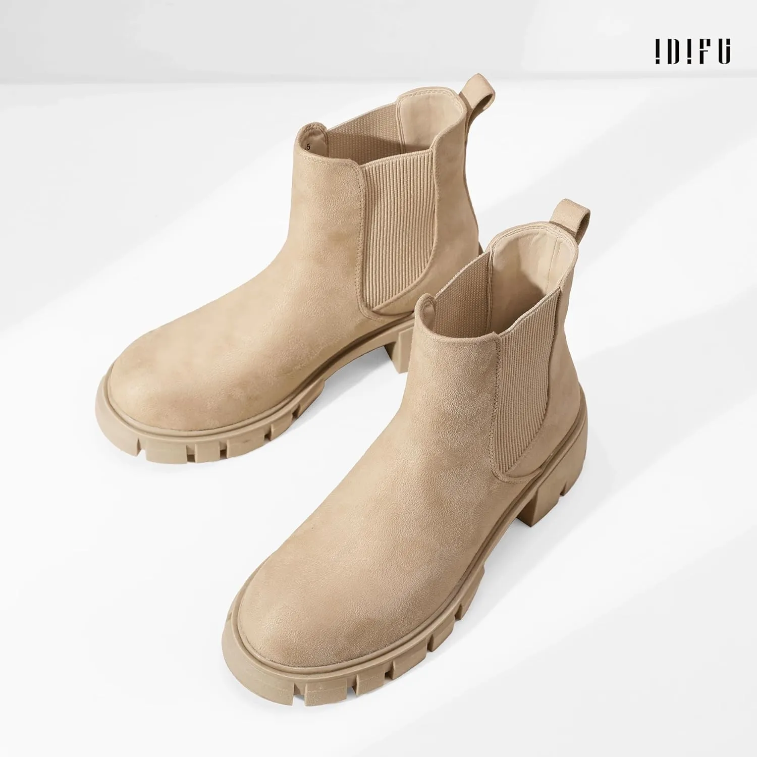 IDIFU IN2 Chelsea Boots Women Ankle Boots for Women Platform Low Heel Short Chunky Lug Sole Block Round Toe Boots Fall Dress Comfortable Fashion Booties for Women Elastic Heeled Boots