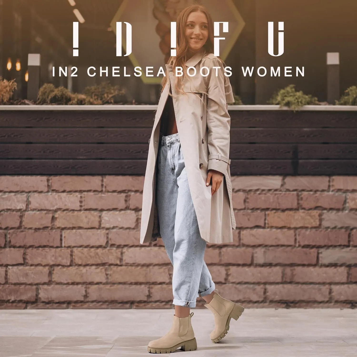 IDIFU IN2 Chelsea Boots Women Ankle Boots for Women Platform Low Heel Short Chunky Lug Sole Block Round Toe Boots Fall Dress Comfortable Fashion Booties for Women Elastic Heeled Boots