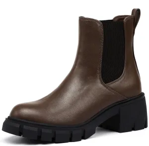 IDIFU IN2 Chelsea Boots Women Ankle Boots for Women Platform Low Heel Short Chunky Lug Sole Block Round Toe Boots Fall Dress Comfortable Fashion Booties for Women Elastic Heeled Boots